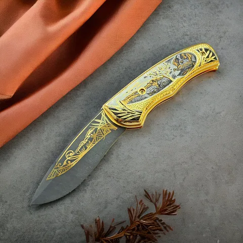 На память: Дамасский складной нож «Охотник с собакой»